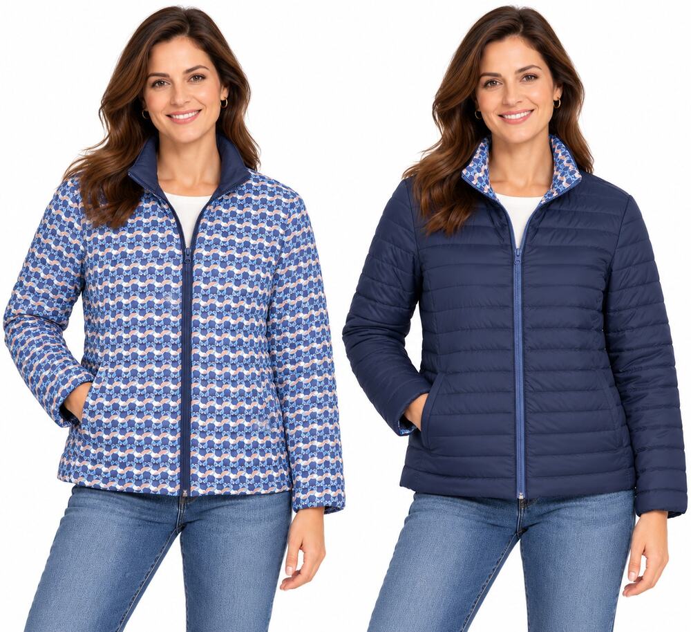 J.McLaughlin Reversible Puffer Jacket Women's Size Large Blue Quilted EUC